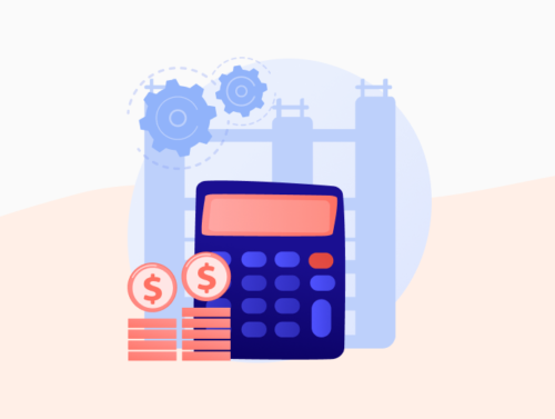 Illustration du coût et de la maintenance d'un logiciel CRM avec une calculatrice et de l'argent à côté.