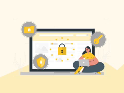 Illustration d'une femme devant un ordinateur avec un cadenas montrant la sécurité et la protection des données.