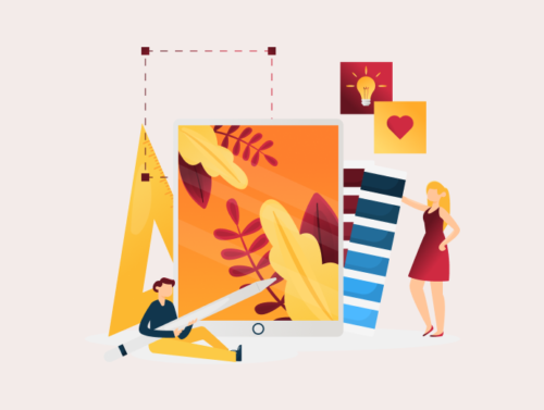 Illustration de 2 personnes qui utilisent les contrastes de couleurs sur une photo et une palette d'accessibilité web.