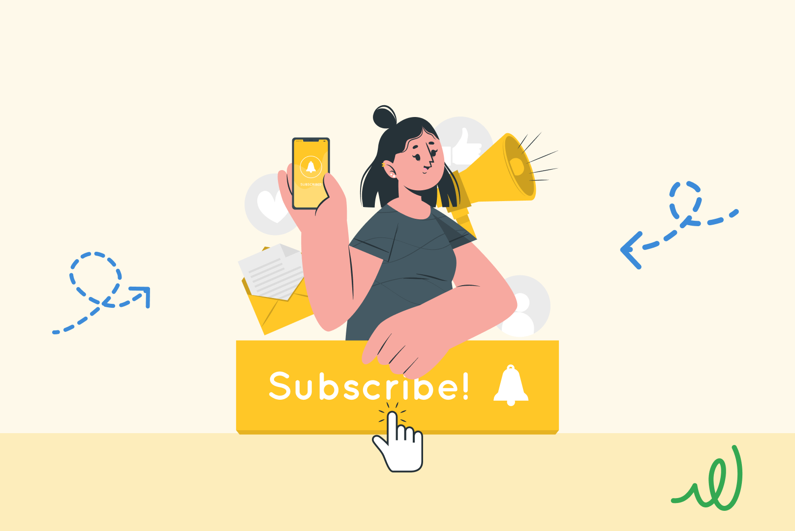 Illustration d'une femme tenant un téléphone sur YouTube Ads, avec un bouton "S'abonner" et un haut-parleur.