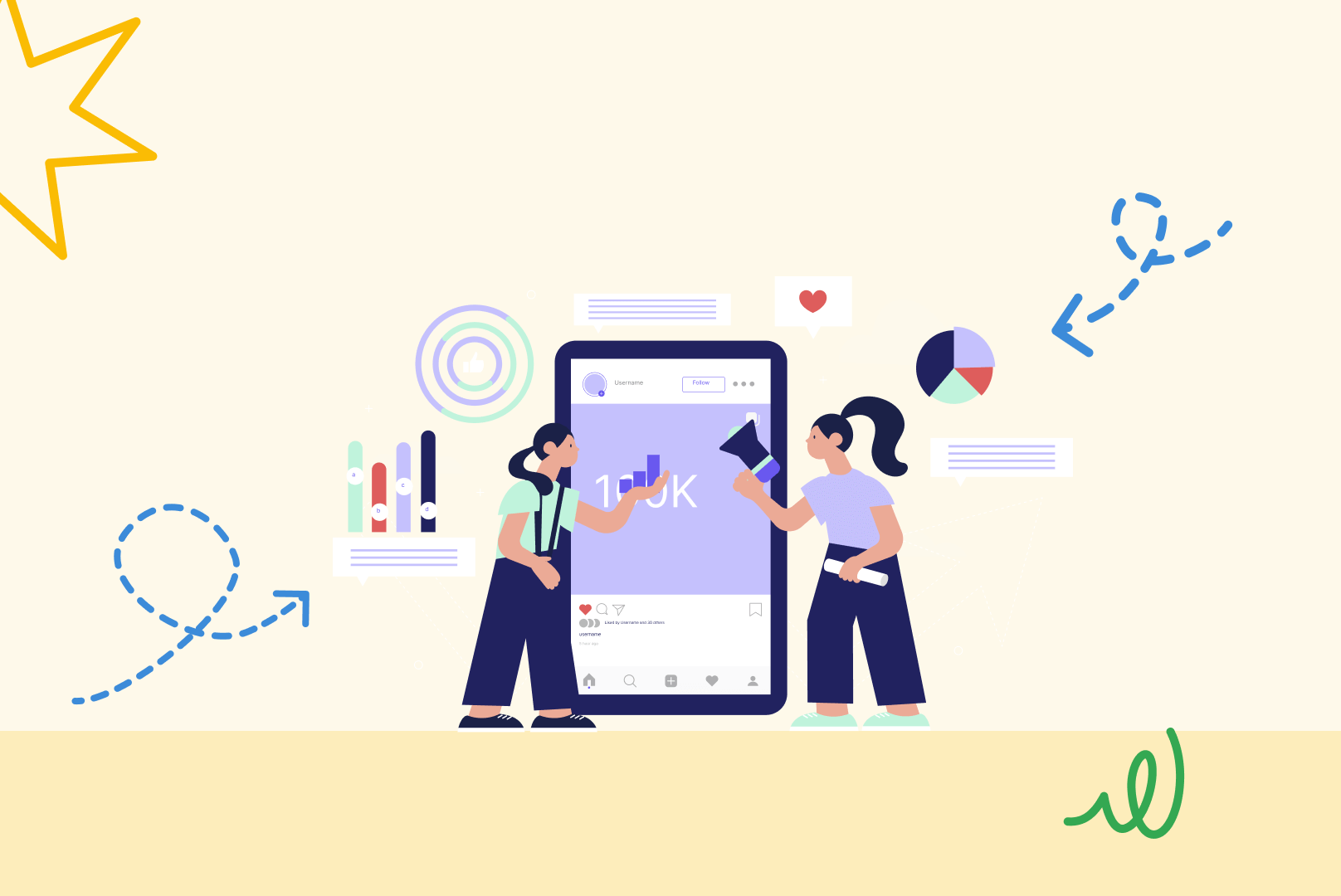 Illustration de deux personnes devant un téléphone sur un Facebook entreprise.