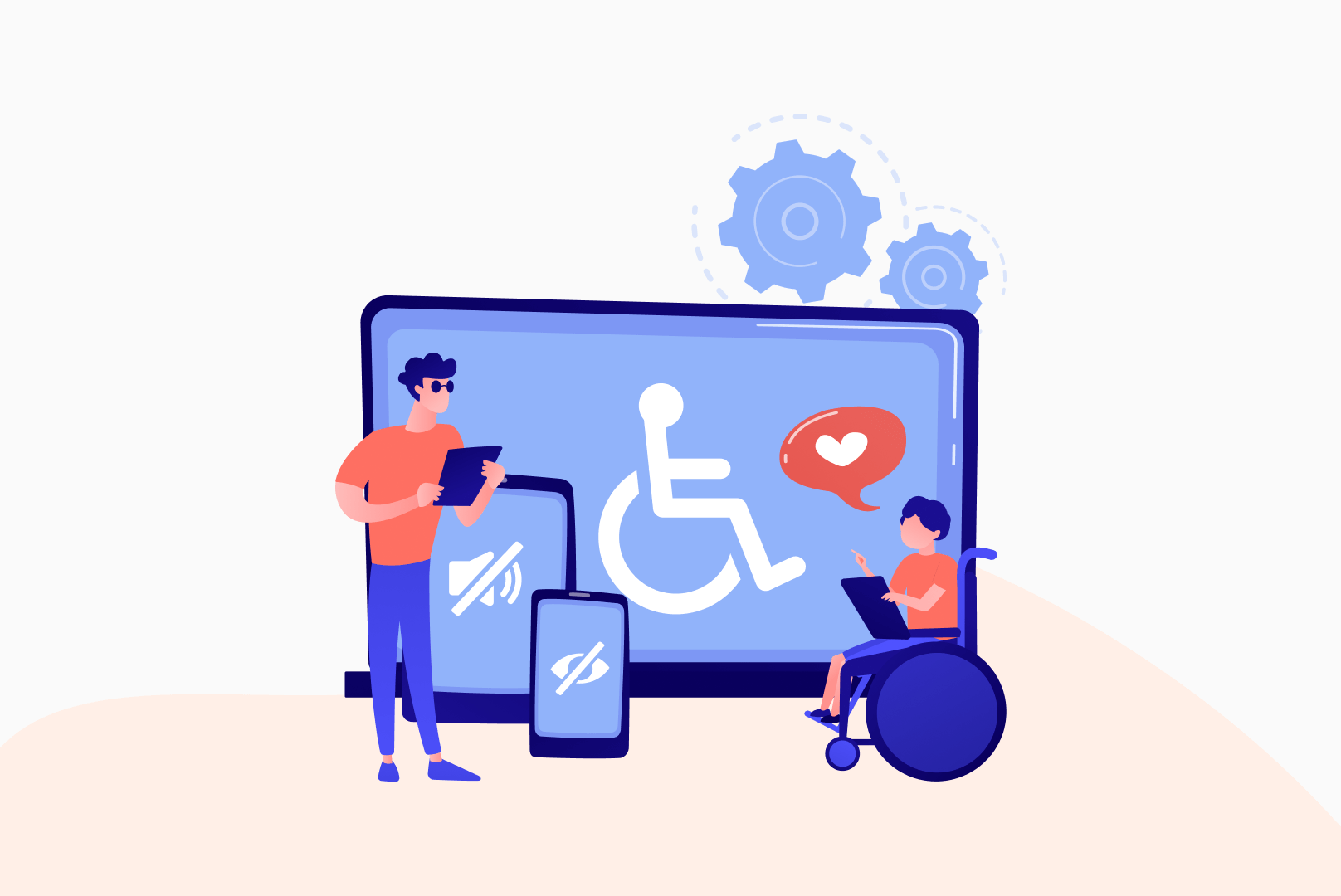 Illustration de deux personne avec un handicap qui naviguent sur internet avec un ordinateur et un smartphone.