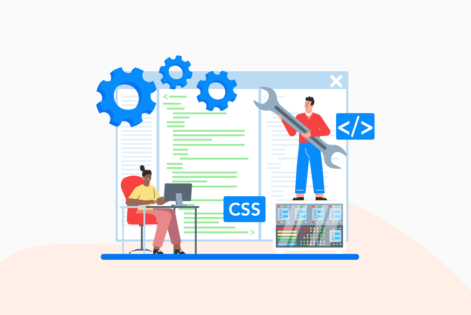 Illustration de deux personnes qui travaillent sur un préprocesseur CSS devant un écran.